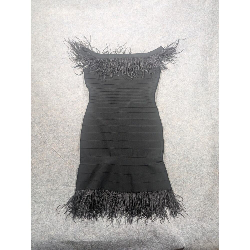 Elliatt Womens Off Shoulder Feather Trim Bodycon Dress Small Black Cocktail - Picture 3 of 12